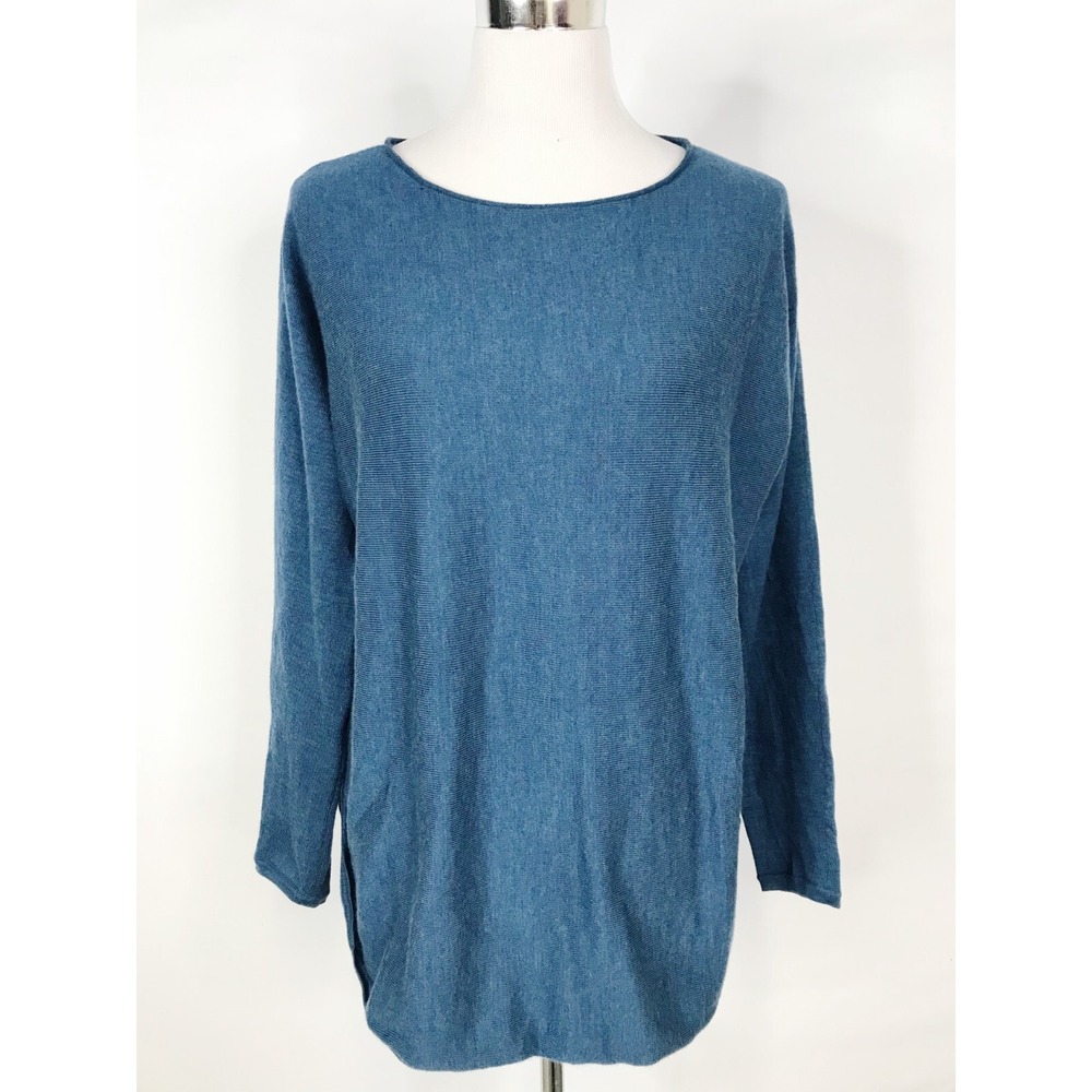 Eileen Fisher Sweater Womens Large Blue Wool Blend Knit Stretch Lagenlook Mature
